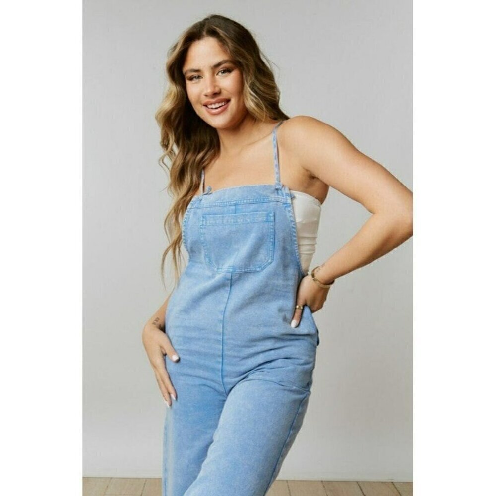Just A Normal Girl Washed Denim Jumpsuit in Blue - Picture 3 of 5